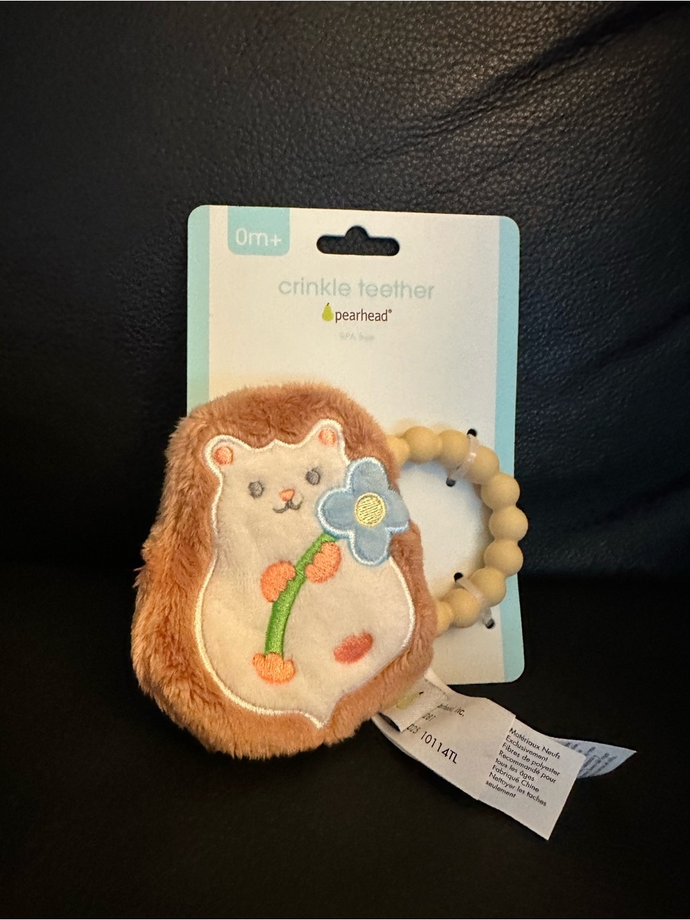Pearhead Plush Crinkle Teether Hedgehog in Brown & Cream with Blue Accent